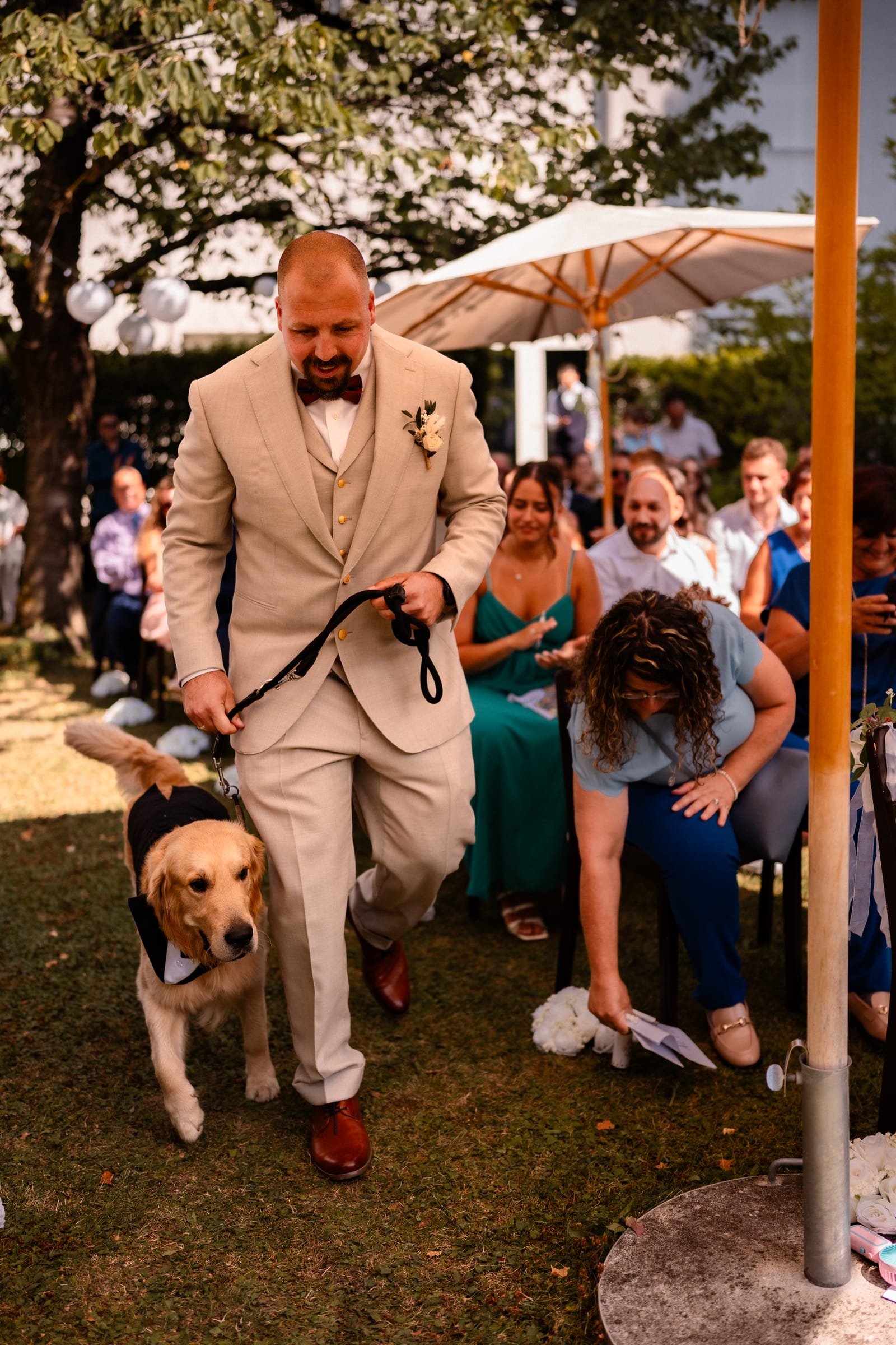 Golden Retriever begleitet Patrick zur Zeremonie im B12 Chur – Hochzeit von Jessica & Patrick
