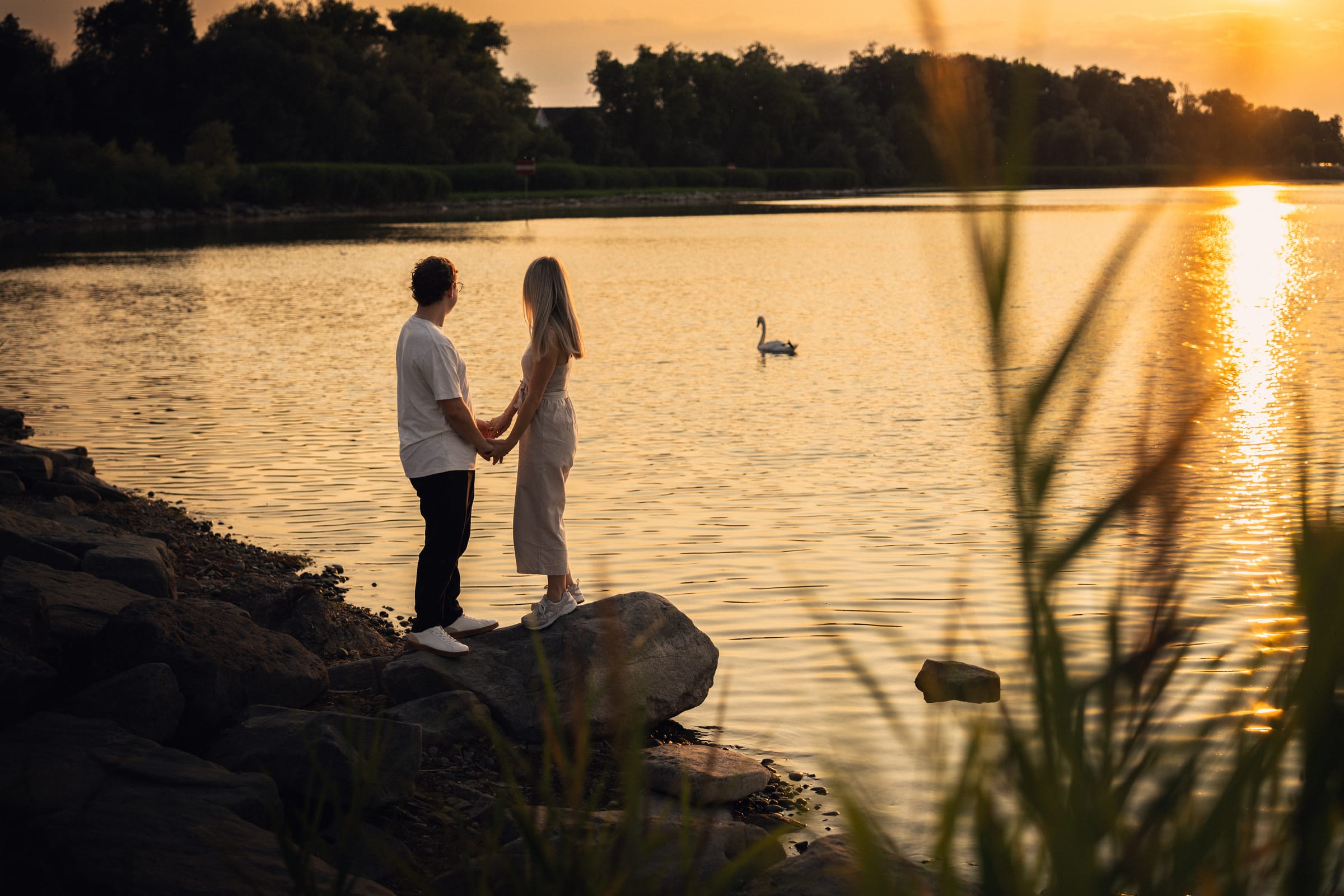 Natalie und Luca Hand in Hand am Steinufer in Arbon, Schilf im Vordergrund, Sonnenuntergang über dem See