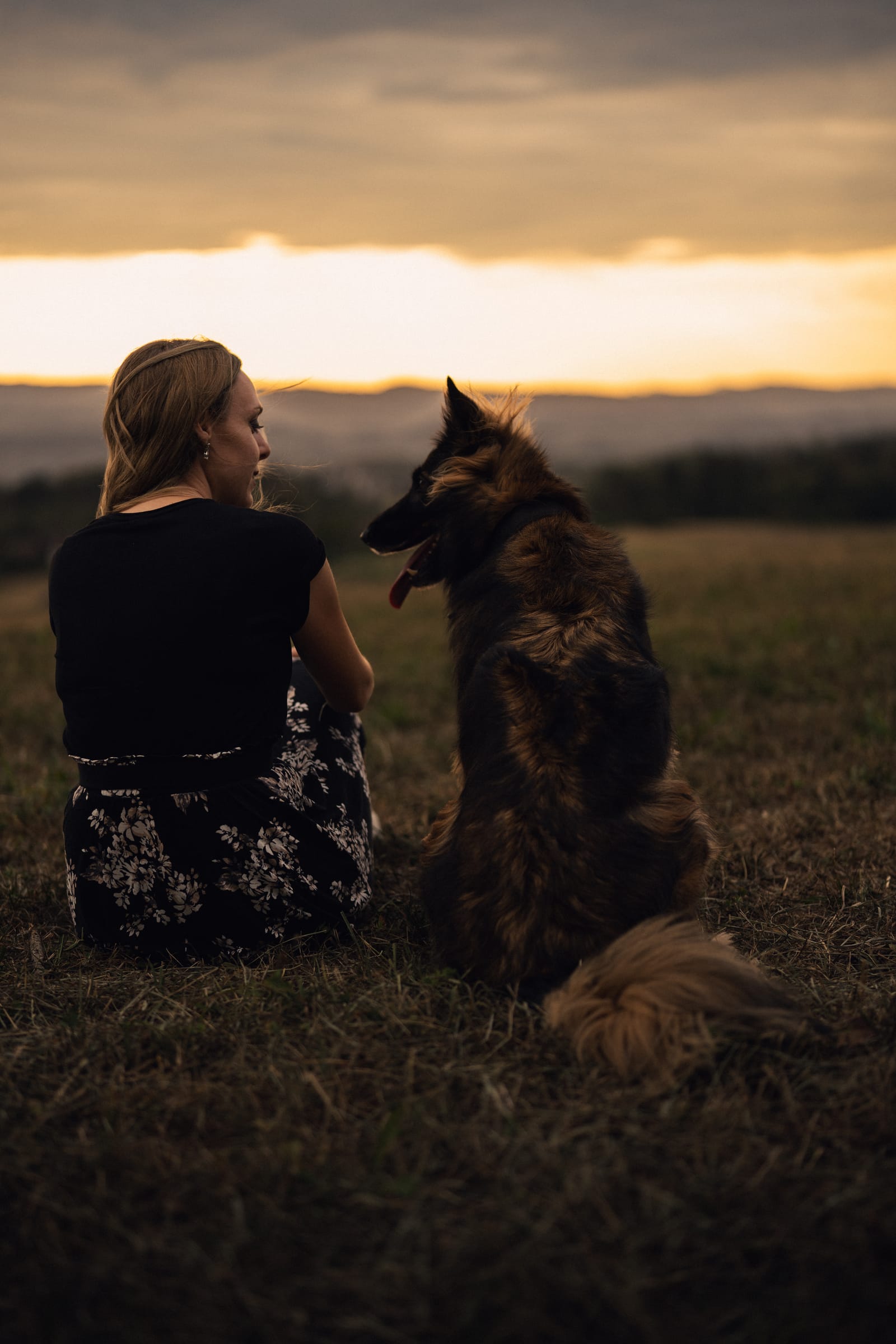 Martina und die langhaarige Hündin sitzen nebeneinander auf der Wiese und schauen sich an, Sonnenuntergang über den Hügeln