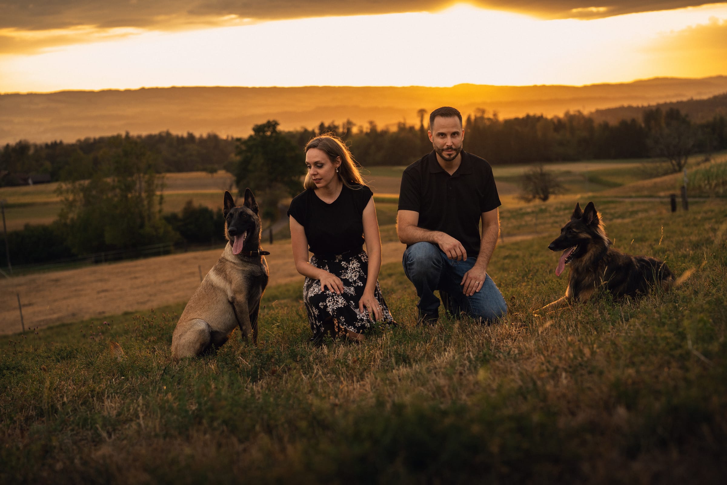 Martina und Stephan knien mit ihren beiden Hunden auf der Wiese oberhalb von Mettmenstetten, hinter ihnen der Sonnenuntergang über den Hügeln