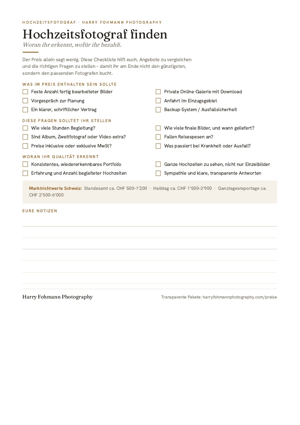 Vorschau der Checkliste zum Vergleichen von Hochzeitsfotografen als PDF